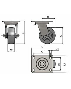 Top Plate Fitting Swivel Castors - Nylon Wheel - Ball Journal Bearing